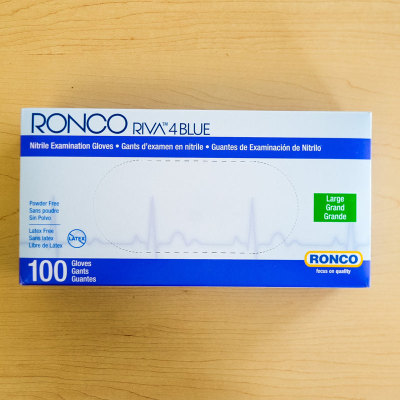 RONCO RIVA 4 Blue Nitrile Gloves, Dispenser Pack of 100, Large, Powder-Free, 915L