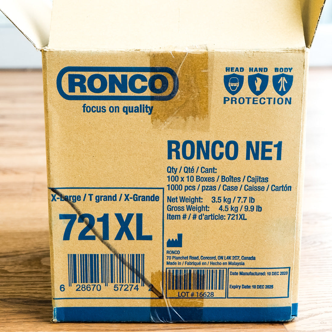 RONCO NE1 Ultra Blue Nitrile Exam Glove Bulk Pack of 1000, Extra Large, 721XL