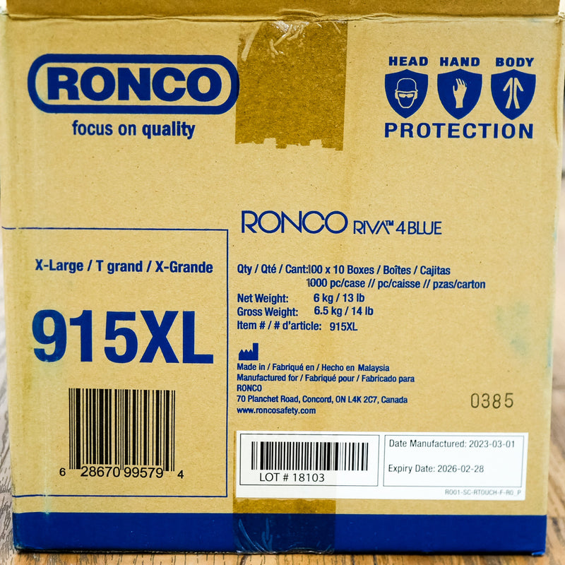 RONCO RIVA 4 Blue Nitrile Gloves, Dispenser Pack of 100, Extra-Large, Powder-Free, 915XL