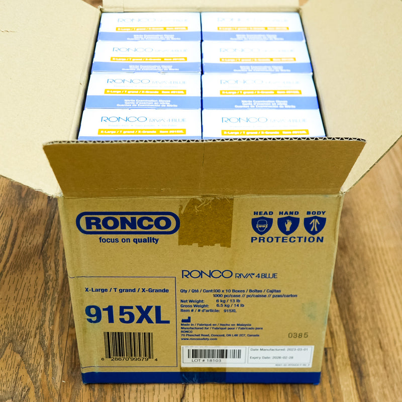 RONCO RIVA 4 Blue Nitrile Gloves, Dispenser Pack of 100, Extra-Large, Powder-Free, 915XL