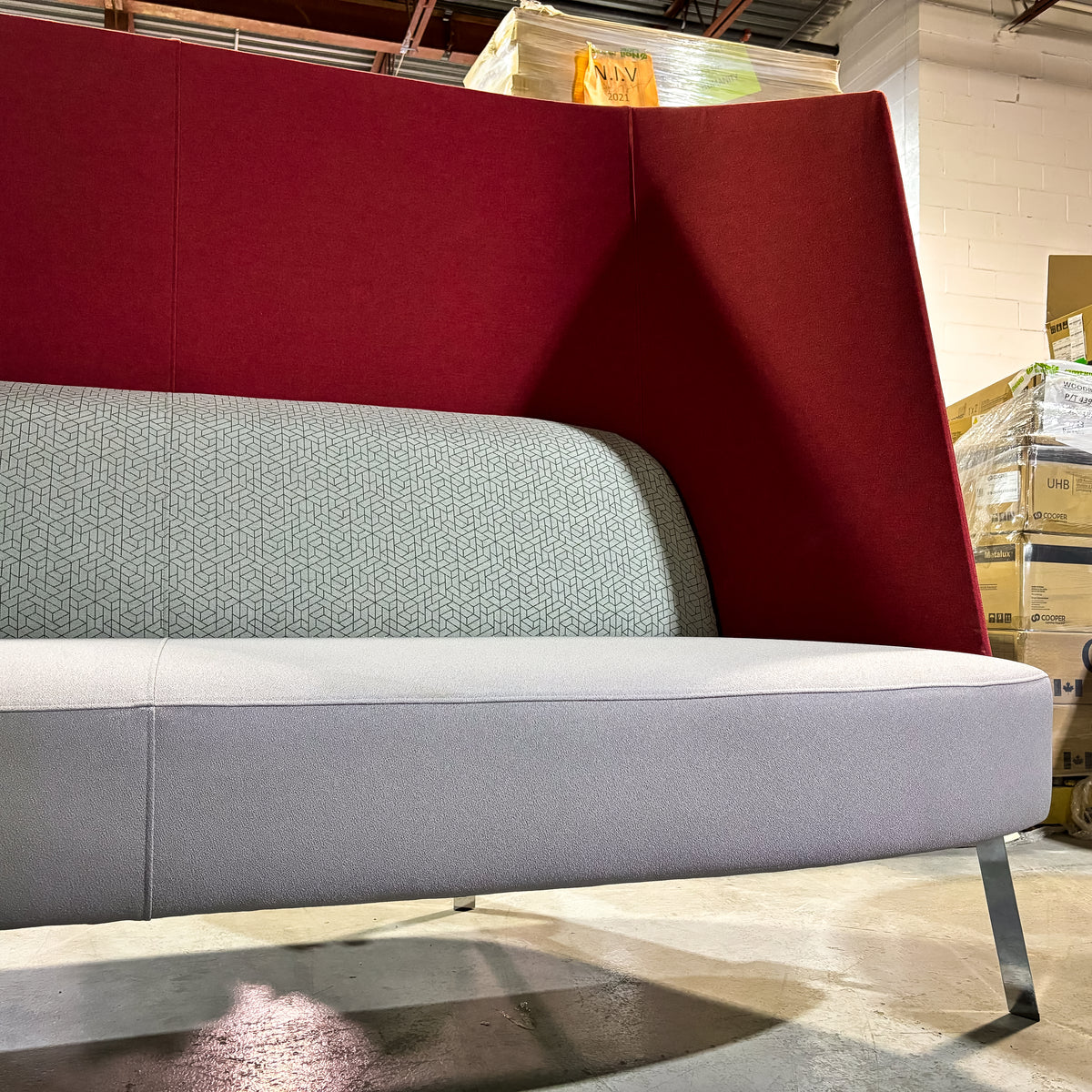 Fractal Settee High Back – Red Upholstery with 84-Inch W Light Gray Seat