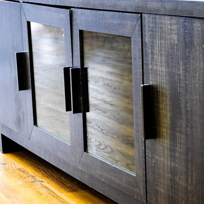 65x16x23-Inch Grey Wooden Media Console with Glass and Solid Doors
