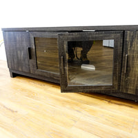 65x16x23-Inch Grey Wooden Media Console with Glass and Solid Doors