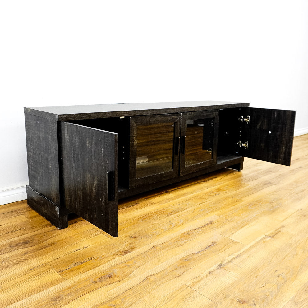 65x16x23-Inch Grey Wooden Media Console with Glass and Solid Doors