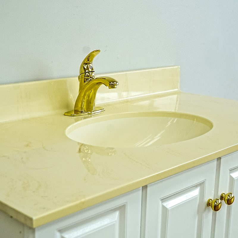 White Bathroom Vanity with Yellow Countertop, Gold Faucet, and Sink