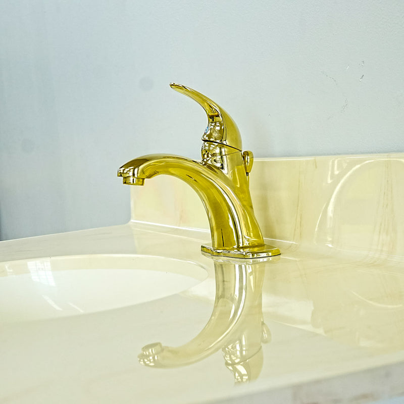 White Bathroom Vanity with Yellow Countertop, Gold Faucet, and Sink