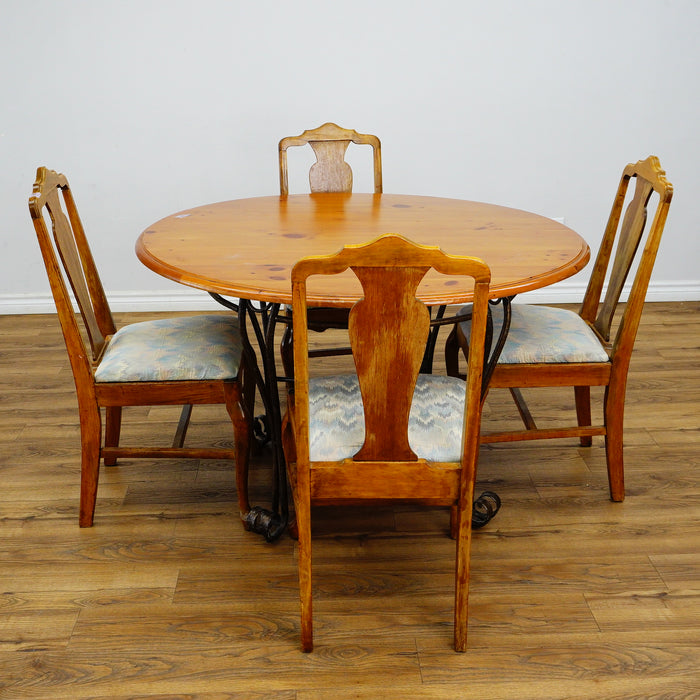 47-Inch Round Wood Dining Table with Ornate Base & 4x Upholstered Chairs