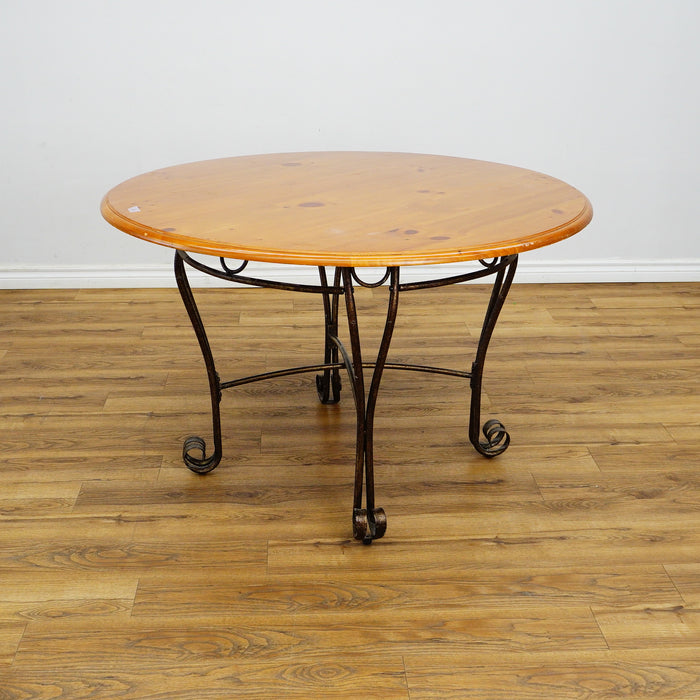 47-Inch Round Wood Dining Table with Ornate Base & 4x Upholstered Chairs