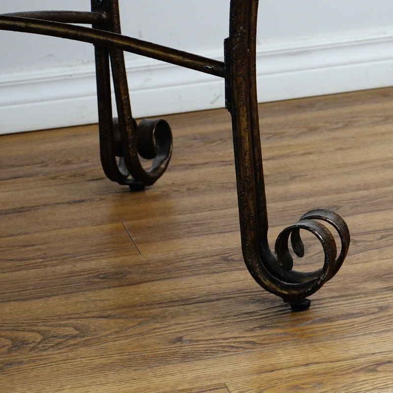 47-Inch Round Wood Dining Table with Ornate Base & 4x Upholstered Chairs