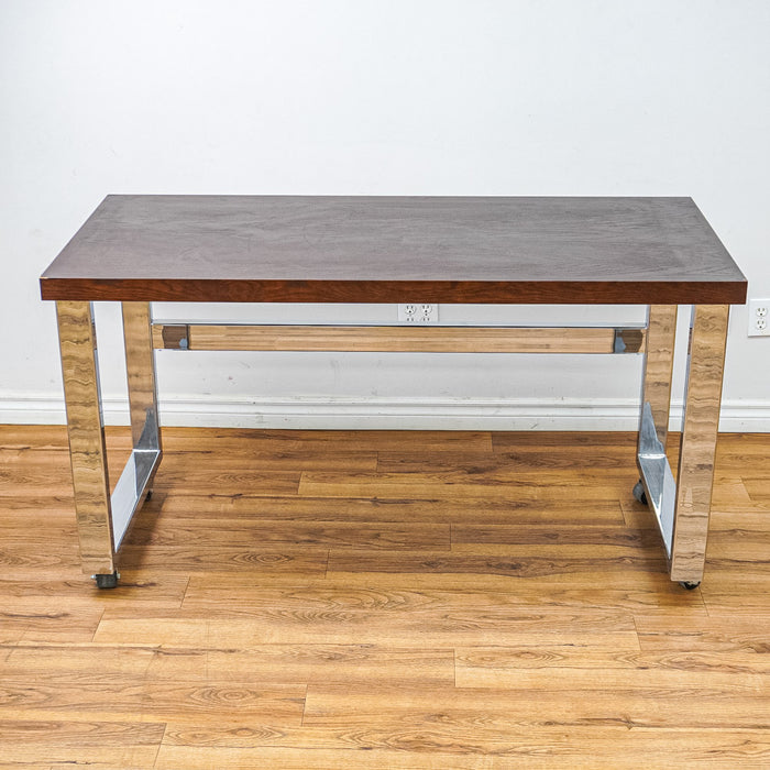 Wooden-Look Utility Table on Wheels with Metal Frame