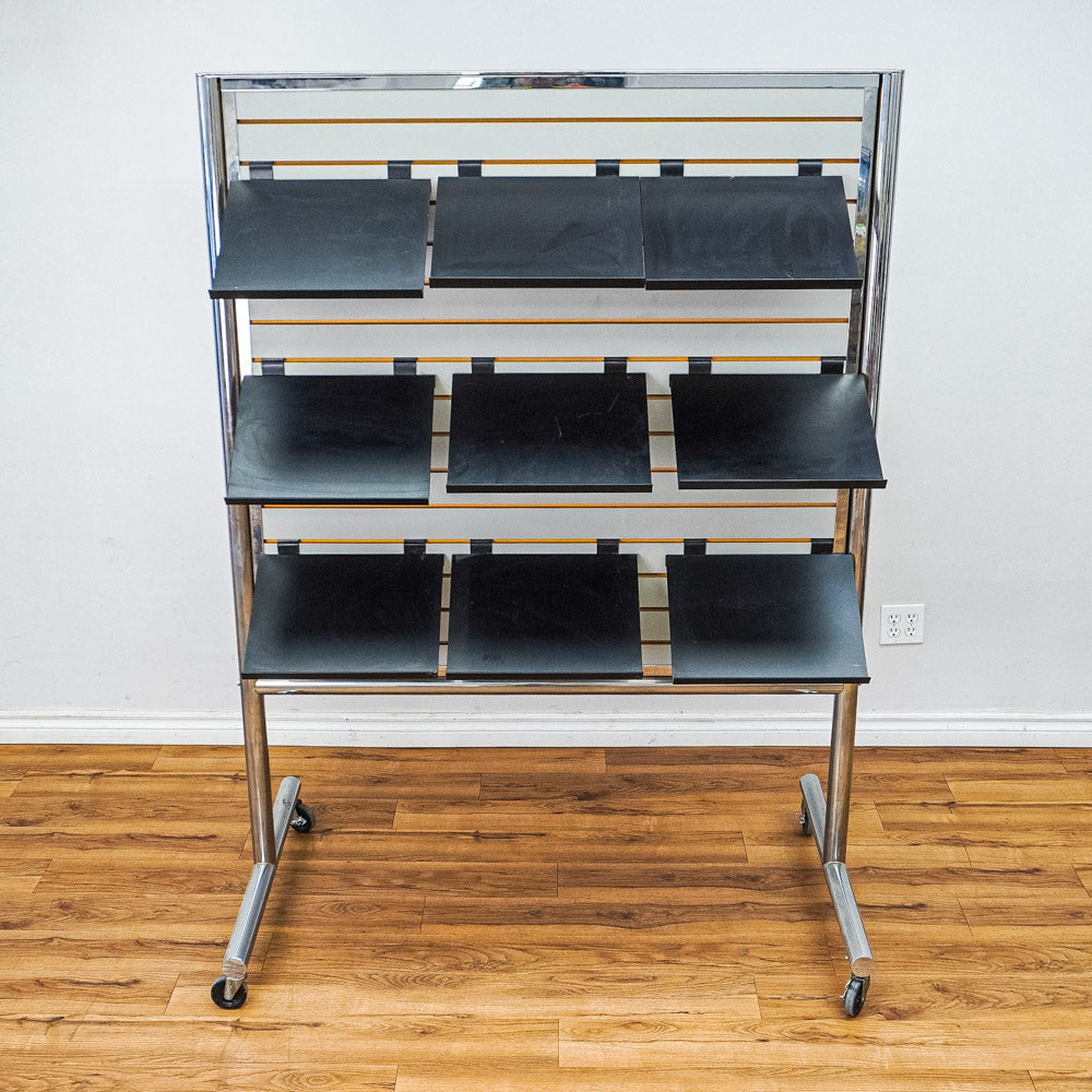 Metal Frame Rolling Slatwall with 9 Document Shelves Each Side