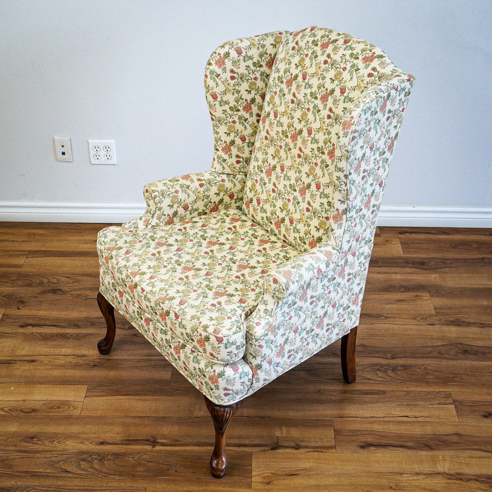 42-Inch Wingback Armchair with Floral Design on Cream Background