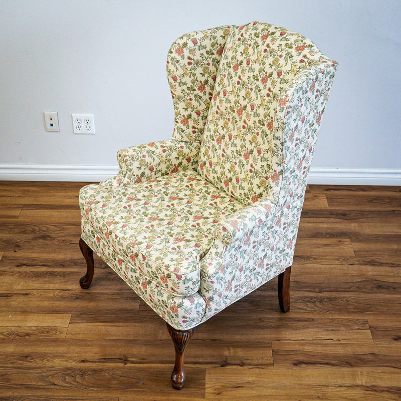 42-Inch Wingback Armchair with Floral Design on Cream Background