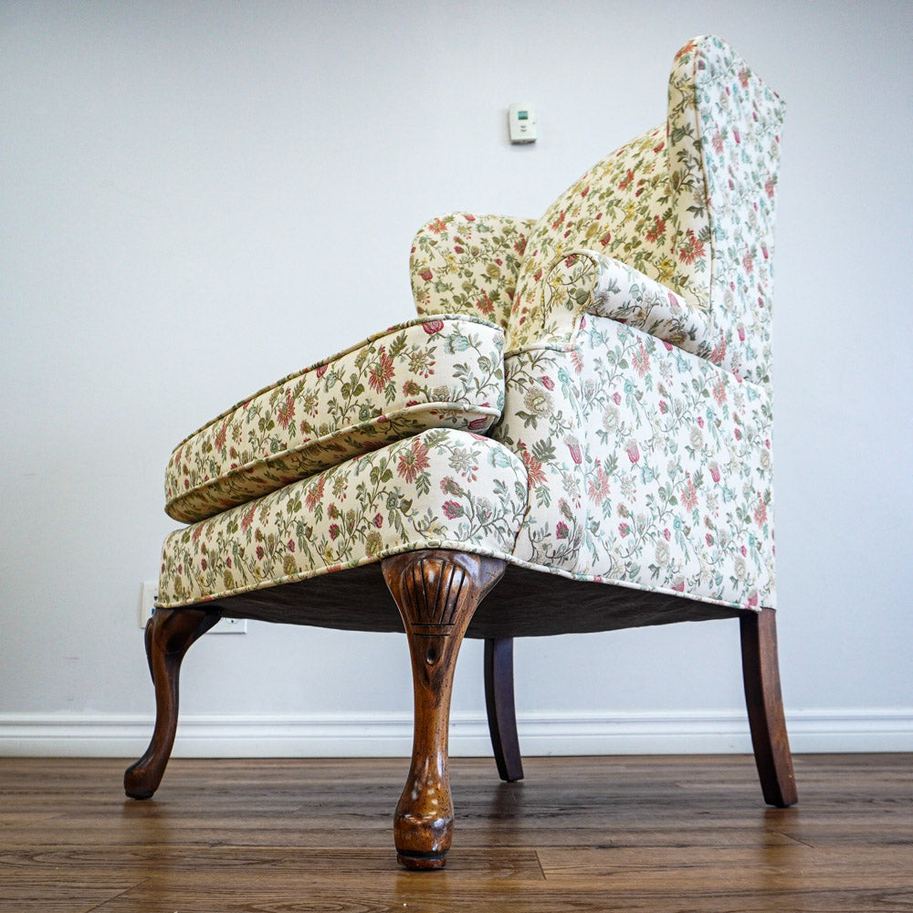 42-Inch Wingback Armchair with Floral Design on Cream Background
