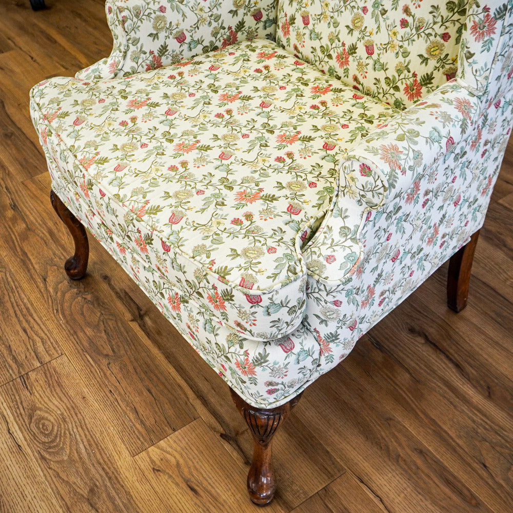 42-Inch Wingback Armchair with Floral Design on Cream Background