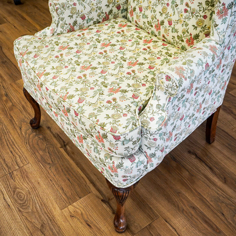 42-Inch Wingback Armchair with Floral Design on Cream Background