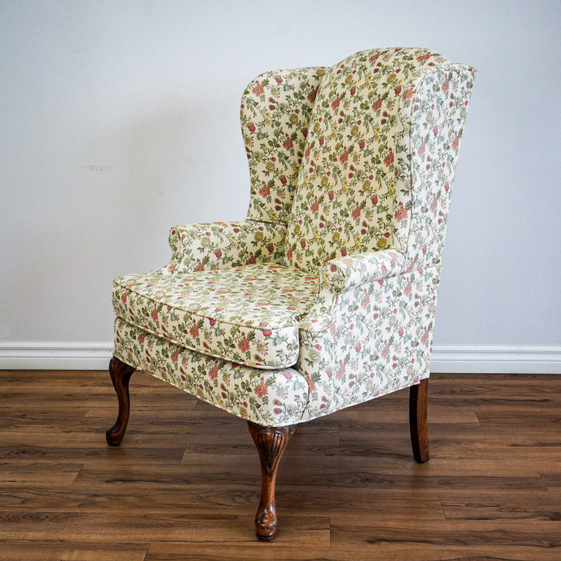 42-Inch Wingback Armchair with Floral Design on Cream Background