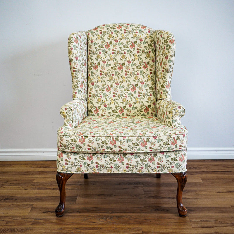42-Inch Wingback Armchair with Floral Design on Cream Background