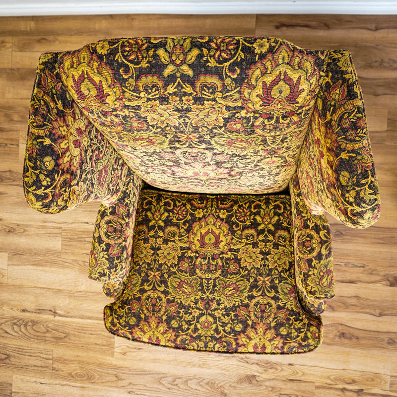 42-Inch Wingback Armchair with Brown and Gold Floral Design