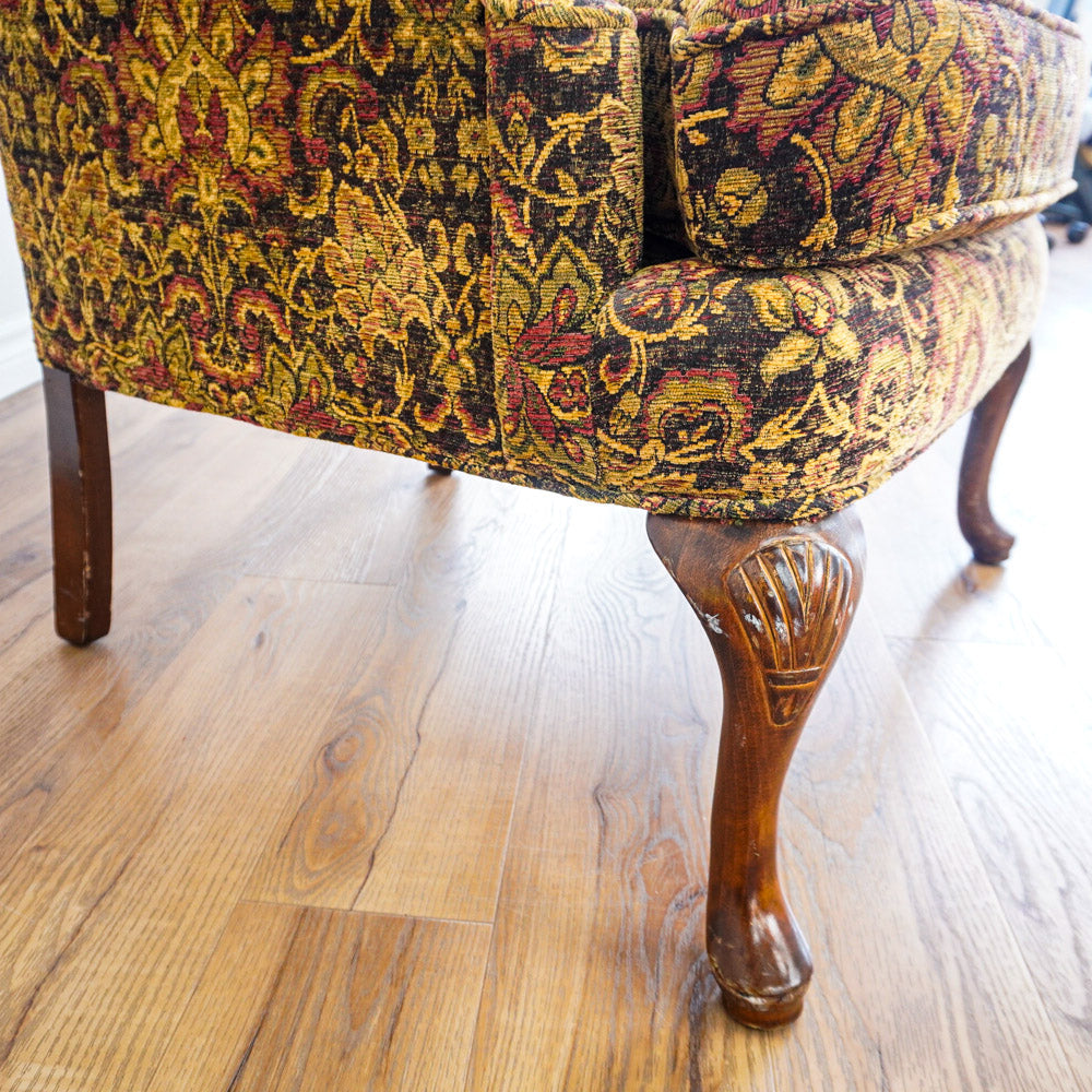42-Inch Wingback Armchair with Brown and Gold Floral Design