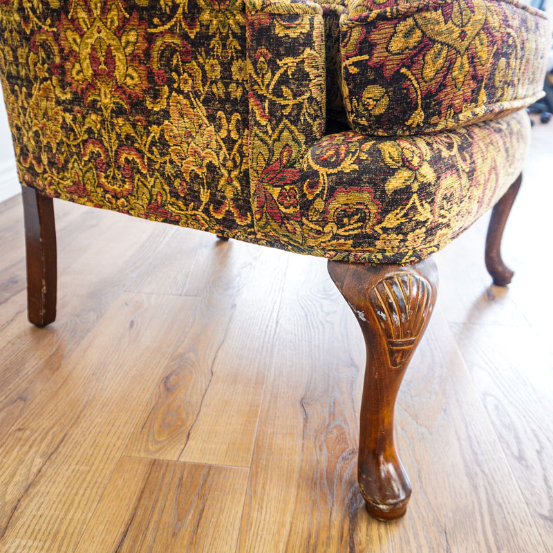 42-Inch Wingback Armchair with Brown and Gold Floral Design