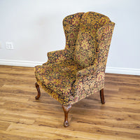 42-Inch Wingback Armchair with Brown and Gold Floral Design