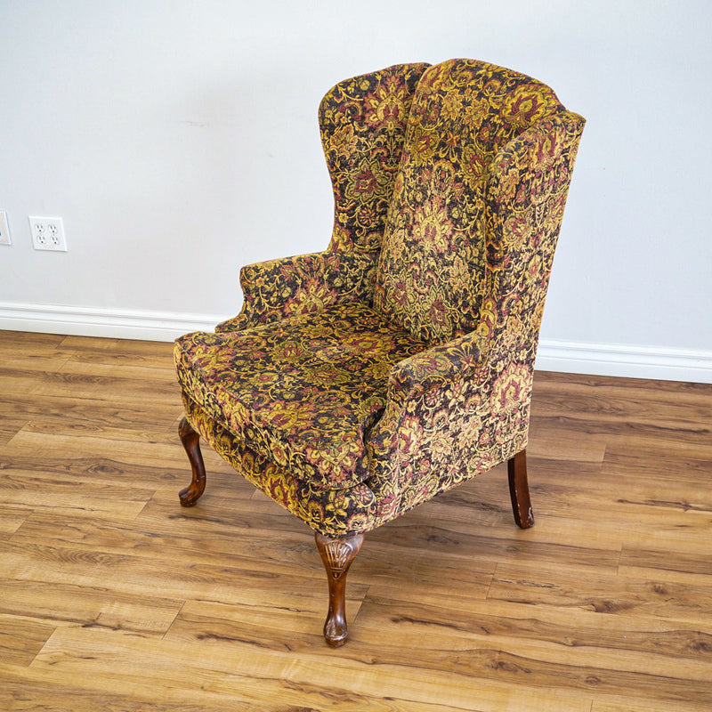 42-Inch Wingback Armchair with Brown and Gold Floral Design