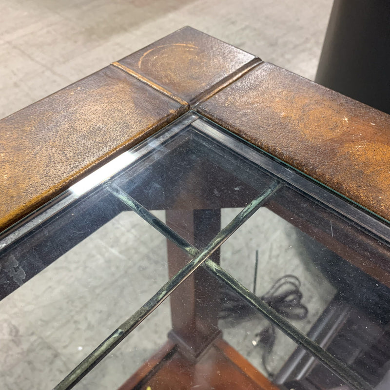 26.5 in. H Glass-Top Side Table – Studded Wood Frame with Shelf