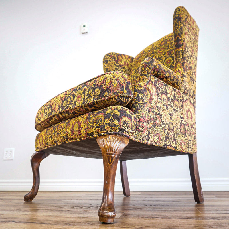 42-Inch Wingback Armchair with Brown and Gold Floral Design