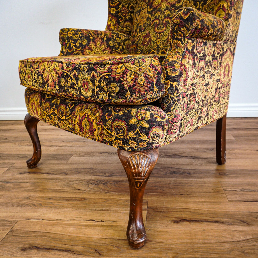 42-Inch Wingback Armchair with Brown and Gold Floral Design