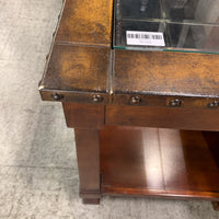 26.5 in. H Glass-Top Side Table – Studded Wood Frame with Shelf