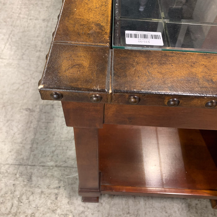 26.5 in. H Glass-Top Side Table – Studded Wood Frame with Shelf