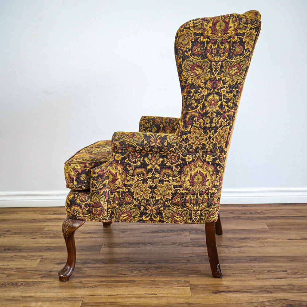 42-Inch Wingback Armchair with Brown and Gold Floral Design
