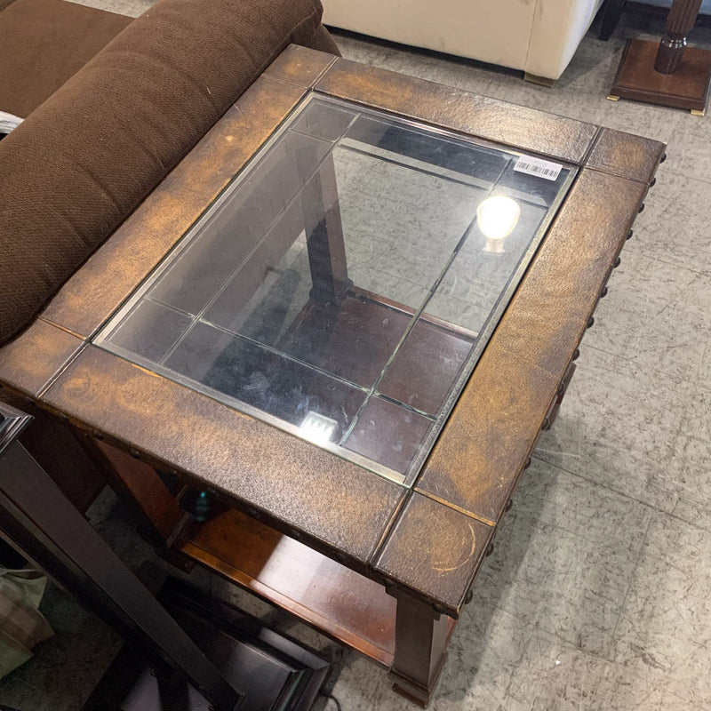26.5 in. H Glass-Top Side Table – Studded Wood Frame with Shelf