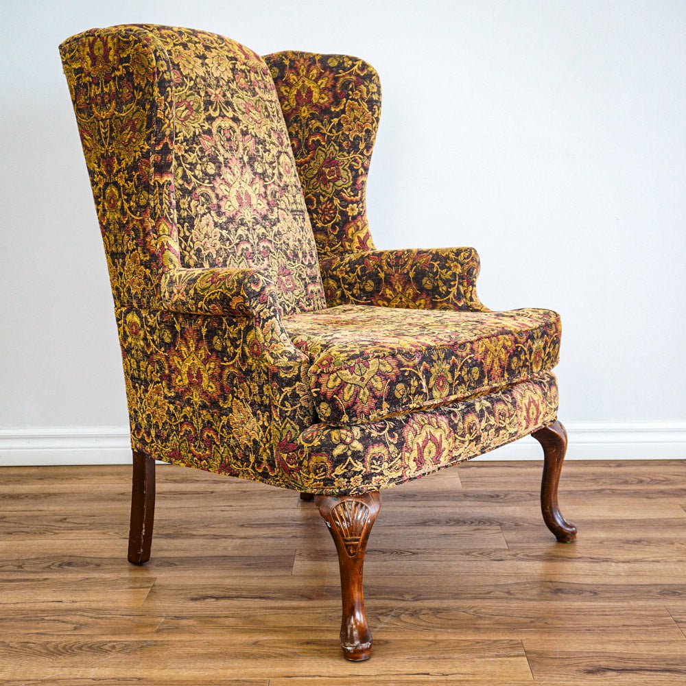 42-Inch Wingback Armchair with Brown and Gold Floral Design