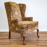 42-Inch Wingback Armchair with Brown and Gold Floral Design