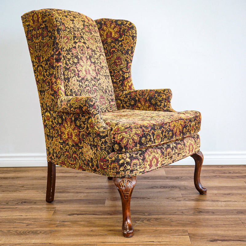 42-Inch Wingback Armchair with Brown and Gold Floral Design