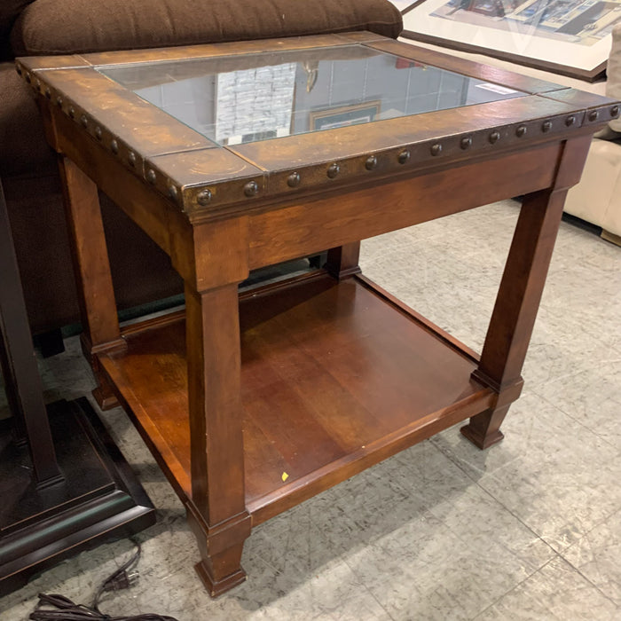 26.5 in. H Glass-Top Side Table – Studded Wood Frame with Shelf