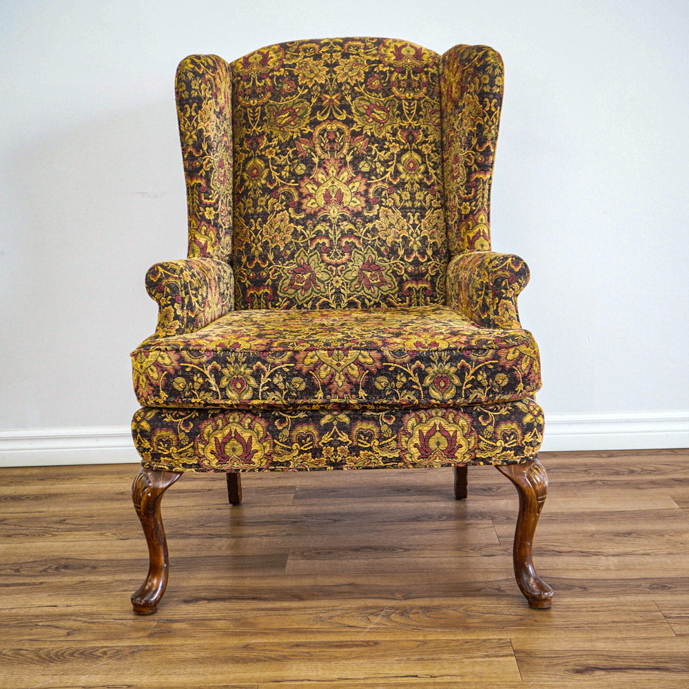 42-Inch Wingback Armchair with Brown and Gold Floral Design