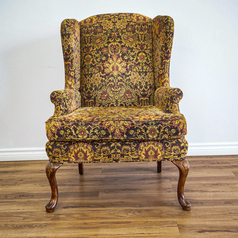 42-Inch Wingback Armchair with Brown and Gold Floral Design