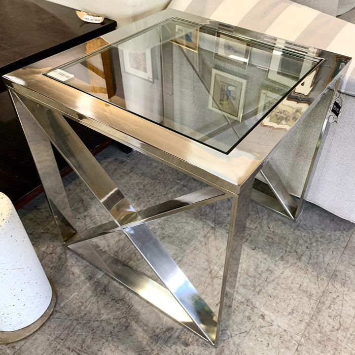 24 in. Chrome End Table – Glass Top with Geometric Frame