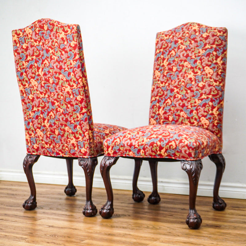Pair of Red Floral Upholstered Armless Chairs, 45-Inch H