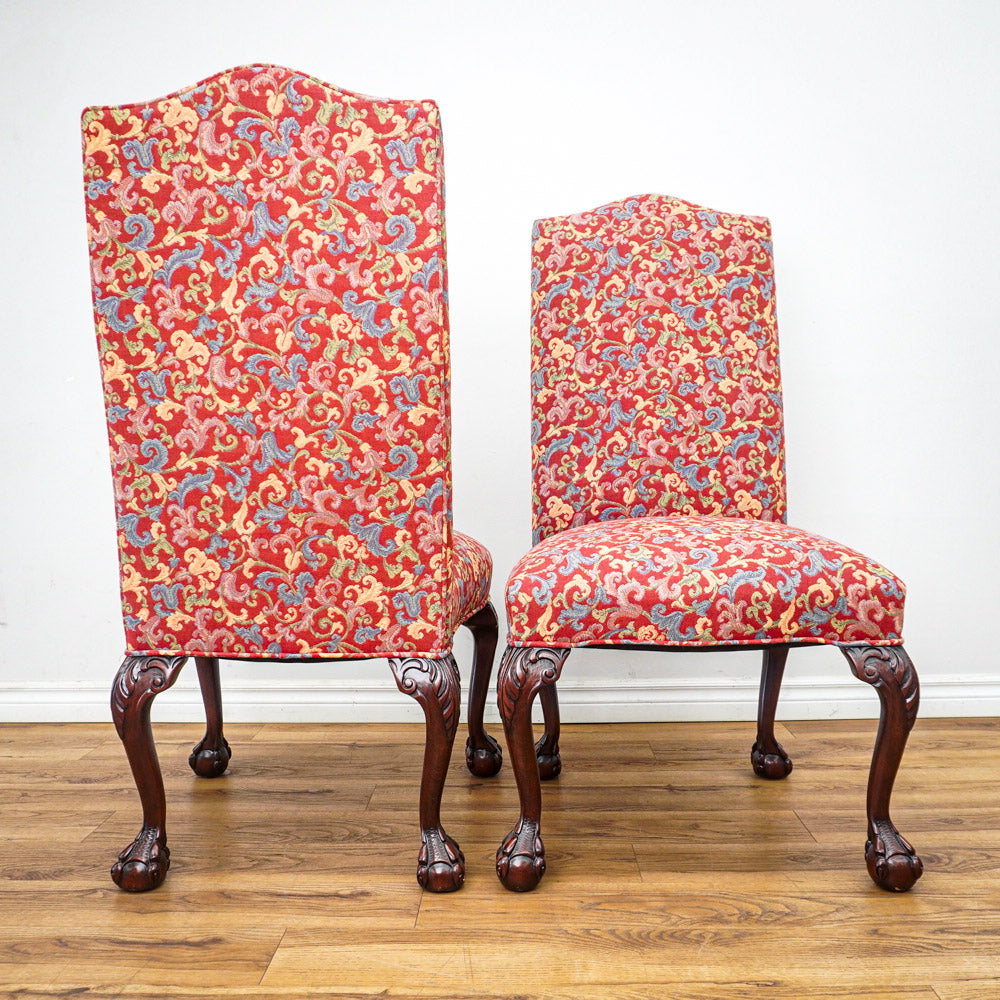 Pair of Red Floral Upholstered Armless Chairs, 45-Inch H