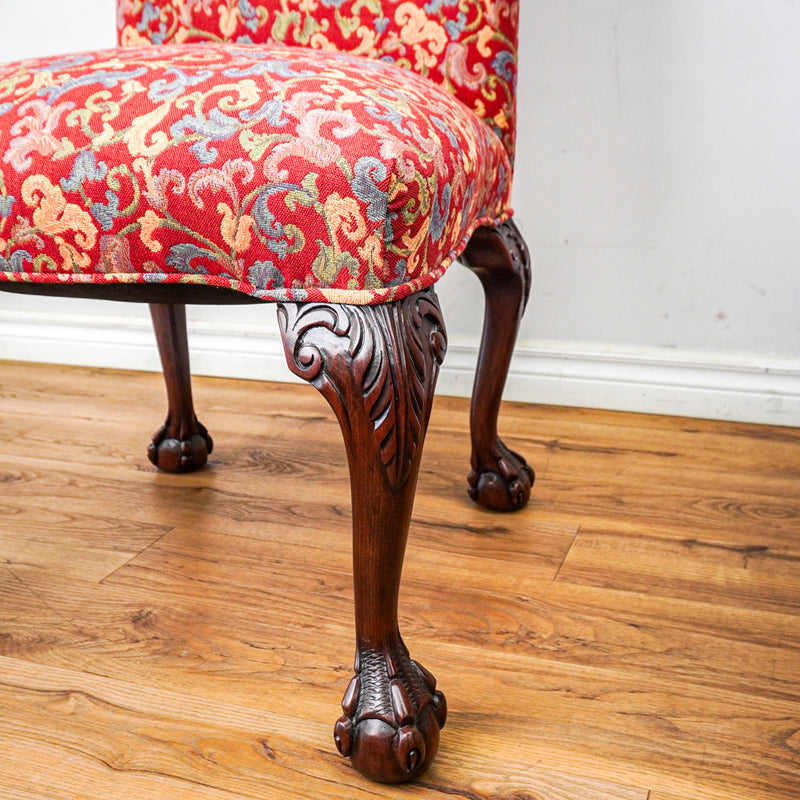 Pair of Red Floral Upholstered Armless Chairs, 45-Inch H
