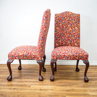 Pair of Red Floral Upholstered Armless Chairs, 45-Inch H