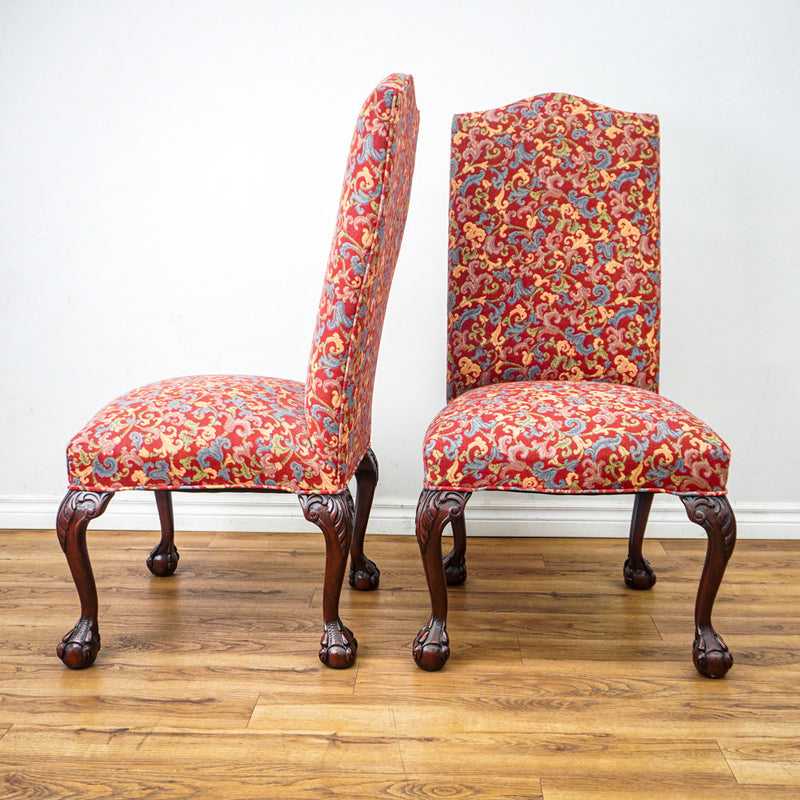 Pair of Red Floral Upholstered Armless Chairs, 45-Inch H