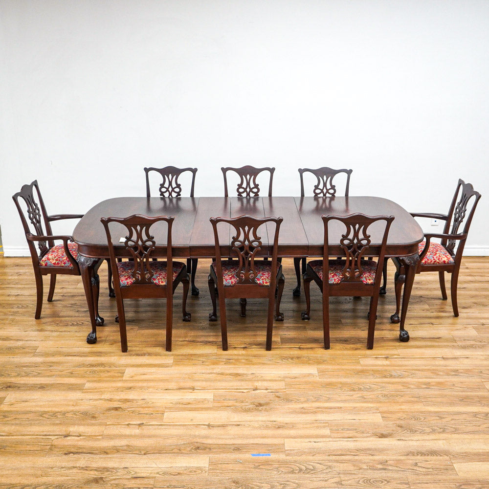 96-Inch Queen Anne Dining Table With 3 Leaves And 8 Chairs