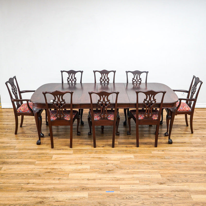 96-Inch Queen Anne Dining Table With 3 Leaves And 8 Chairs