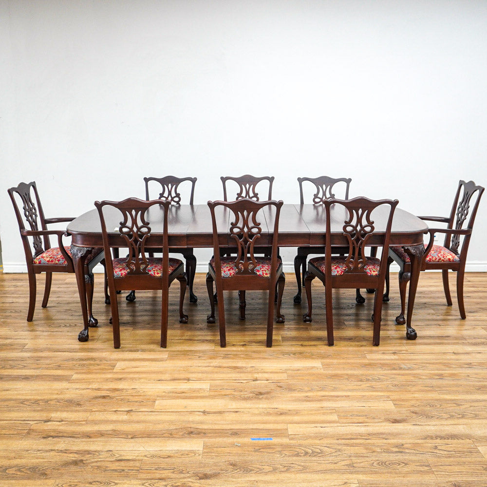 96-Inch Queen Anne Dining Table With 3 Leaves And 8 Chairs