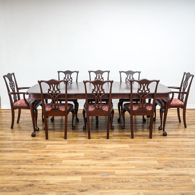 96-Inch Queen Anne Dining Table With 3 Leaves And 8 Chairs